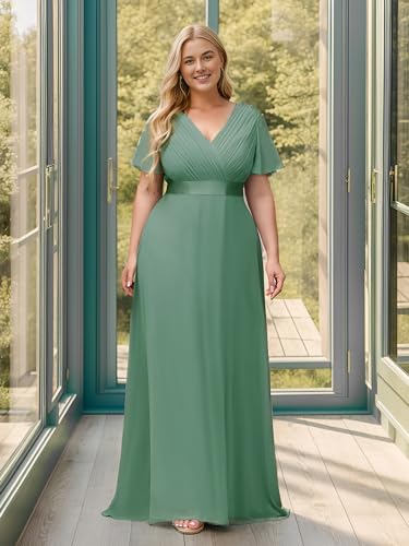 Image of Ever-Pretty Women's Chiffon Formal Evening Dresses for Curvy Women V-Neck Plus Size Floor Length Bridesmaid Dress