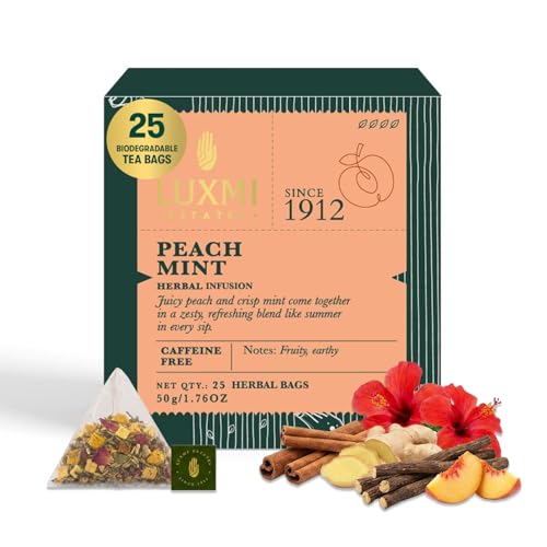 Image of Luxmi Estates Peach Mint Herbal Tea, 25 Biodegradable Tea Bags (50g, 1.76oz) | Caffeine-Free Fruit Herbal Infusion with Real Peach Bits, Hibiscus, Spearmint, Cinnamon, Ginger, Licorice, Orange Peel, Cardamom & Dandelion, Vegan