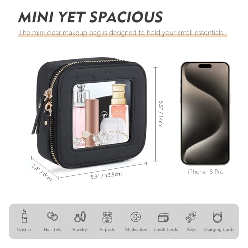 Small Makeup Bag, Travel Toiletry Bag, Mini Double-Sided Clear Waterproof Cosmetic Bag Organizer，Car Essentials for Women (Mini-Black)2