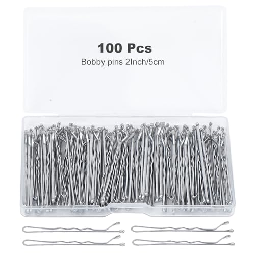 100Pcs Bobby Pins Silver Hair Pins Kit for Women Girls Kids Premium Wavy Silver Bobby Pins Hair Clips for Gray White Hair with Storage Box Suitable for All Hair Types (2inch)
