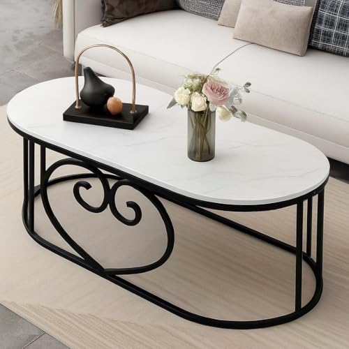 Image of CROWN ART SHOPPEE Oval Accent Metal Centre Table with Marble Look Coffee Tables with Engineered Wood Top and Metal Frame, Contemporary Table for Office, Bedroom, or Living Room Black White