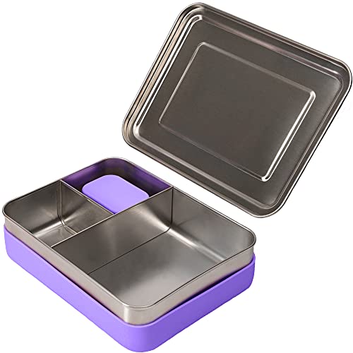 Image of WeeSprout 18/8 Stainless Steel Bento Box (Large) - 3 Compartment Metal Lunch Box, Skid-proof Silicone, for Kids & Adults, Bonus Dip Container, Fits in Lunch & Work Bags, Dishwasher & Freezer Friendly
