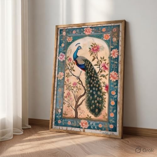 Image of Livin'luxe Peacock Floral Wall Painting with Wooden Frame | Vintage Bird Art HD UV Laminated MDF Wall Decor | Elegant Nature Artwork for Living Room Bedroom Office Home Decoration