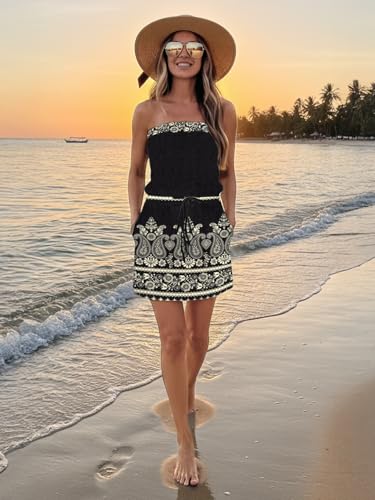 Image of Summer Dress for Women Strapless Beach Cover Ups Boho Sundress Mini Dress Drawstring Waist with Pockets