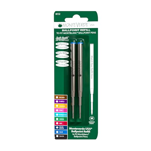 Monteverde USA Ballpoint Refill to Fit Montblanc Ballpoint Pens - Medium Point, Soft Roll, Blue (2 Pack) (M132BU)