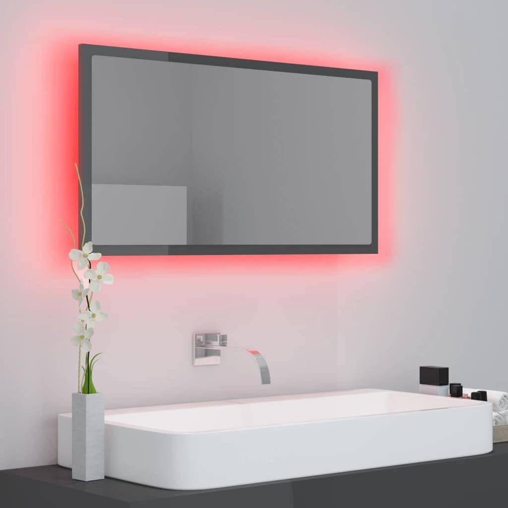 Lustro łazienkowe LED, wysoki połysk, szare, 80 x 8,5 x 37 cm, akrylowe, szafki i przechowywanie, szafki pod umywalkę, szafki łazienkowe