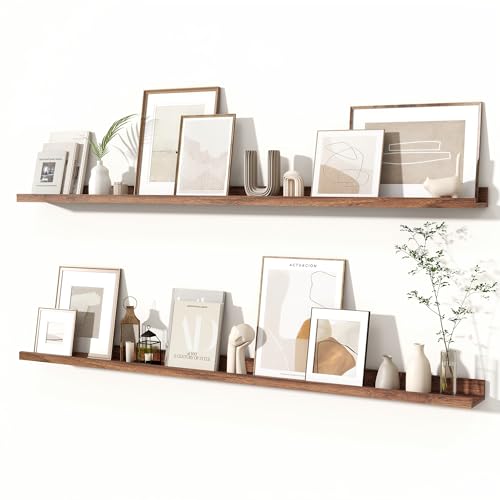 Fun Memories Picture Ledge Shelves Set of 2, 55 Inch Rustic Wall Mounted Floating Shelves with Lip for Home Storage and Décor in Bathroom, Kitchen, Nursery, Bedroom, Living Room, Walnut