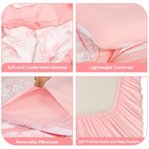 Image of Girls Twin Bedding Set, Pink Bow Twin Comforter Set for Girls Kids Bedding Set with 1 x Reversible Comforter, 1 x Fat Sheet, 1 x Fitted Sheet, 2 Pillowcases, Pink Bow