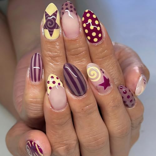 Cute Purple & Yellow Press on Nails Almond - French