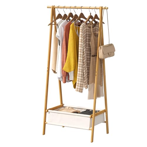 FILWH Bamboo Clothes Rack with Storage Box Foldable Garment Holder Coat Rack Freestanding Coat Stand Child Clothing Stand for Hanging Coat Dress up Racks (Natural, Large)