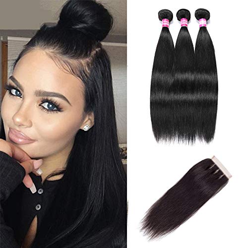 Brazilian Human Straight Hair Bundles with Three Part Closure, 100% Unprocessed Brazilian Virgin Hair Weft 3 Bundles with Closure Brazilian Straight Mink Hair Natural Black (10 12 14 +10, Three Part)