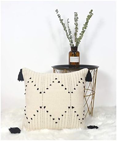 LIGICKY Decorative Boho Tassel Throw Pillow Covers for Couch Sofa Bedroom Living Room Home Decoration, Square Woven Cotton Cushion Cover Modern Black and White Pillow Cases, 18 x 18 Inch