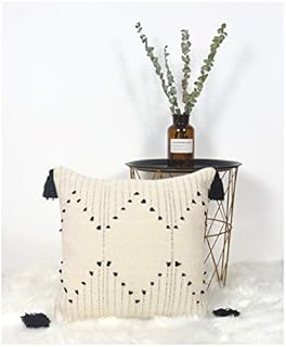 LIGICKY Decorative Boho Tassel Throw Pillow Covers for Couch Sofa Bedroom Living Room Home Decoration, Square Woven Cotton Cushion Cover Modern Black and White Pillow Cases, 18 x 18 Inch