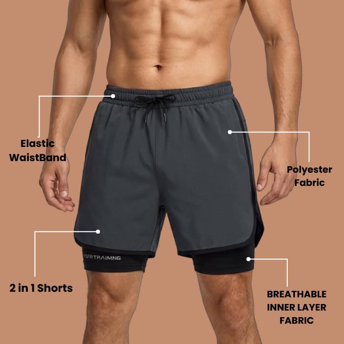 Image of GRECIILOOKS Shorts for Men Running | 2 in 1 Shorts Men with Compression Shorts |Gym Shorts for Man Workout with Phone Pocket | Quick Dry Sports Shorts for Gym Training