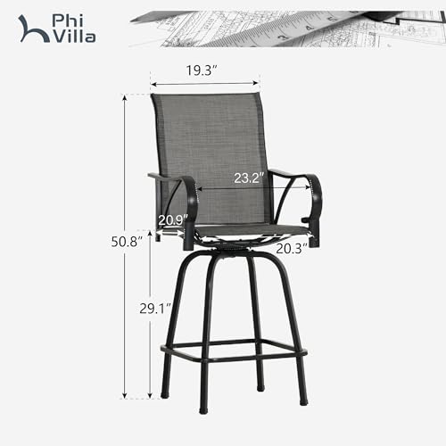 Image of PHI VILLA Outdoor Bar Stools Swivel Set of 2, Outdoor Bar Height Tall Patio Chairs Grey with Armrest, High Top Patio Stools & Chairs with Sling Fabric for Outside Kitchen
