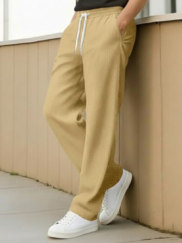 Image of Pinkmint Men's Stretchable Ribbed Track Pants | Poly Lycra Relaxed Fit Trousers | Elastic Waist Drawstring Joggers | Casual, Gym, Lounge Wear for Men