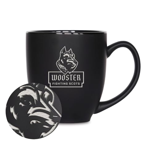 Rico Industries NCAA Wooster Fighting Scots 15oz Laser Engraved Matte Black Ceramic Bistro Mug - for Hot or Cold Drinks