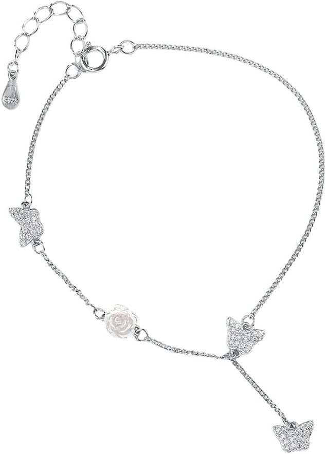 New 2025 Real 925 Sterling Silver High Exquisite White Rose Butterfly Bracelet For Women Wedding Party Fine Decoration Jewelry Commemorative With For You Accessories Trendy Creative Best For Gift