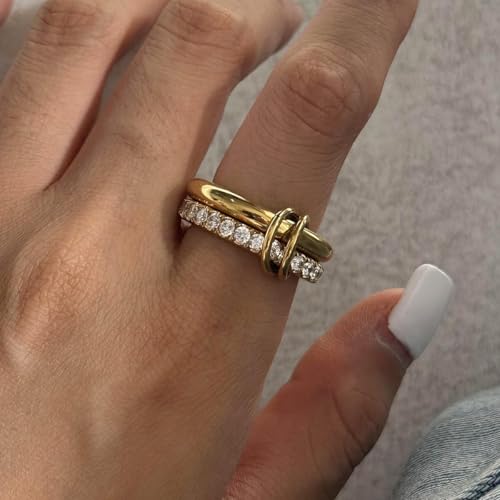 18K Gold Plated Stackable Rings for Women, Hypoallergenic 316L Stainless Steel, Waterproof & Scratch Resistant Non-Tarnish Rings, Swimmable Statement Ring Jewelry Gift Set (Gold-CZ, Size 10.0-10.5) by RAIFIN - Used condition - Image 5