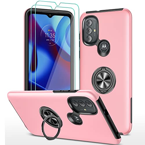 AKINIK Compatible for Motorola Moto G Pure XT2163DL / G Power 2022, Nano Explosion-Proof Film [2 Pack], Heavy Duty Shockproof Slim with 360° Magnetic Ring Holder Kickstand Phone Case (Pink)