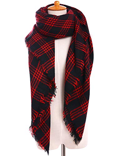 Bess Bridal Women's Plaid Blanket Winter Scarf Warm Cozy Tartan Wrap Oversized Shawl Cape (One Size, Red and Black)