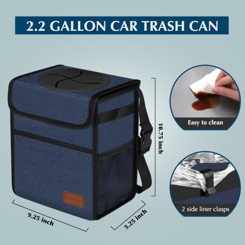 Image of Femuar Leak Proof Car Trash Can with Lid, Collapsible Hanging Waterproof Car Trash Bag with Mesh Pocket for SUV Front Seat Headrest, Dark Blue