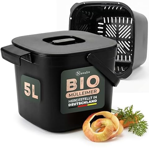 Novaliv Ekologiczny kosz na śmieci stołowy, 5 l, czarny, z sitkiem, kosz na kompost kuchenny z pokrywą na zawiasach i uchwytem do noszenia, mały i wiszący, do drzwi szafy, nie zawiera BPA, można