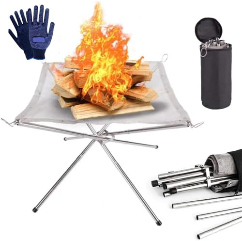 Junaris Portable Outdoor Fire Pit Upgraded Collapsible Stainless Steel Fire Mesh Place For Camping Backyard Patio And Garden - Includes Carrying Bag 22 Inch Extra Large