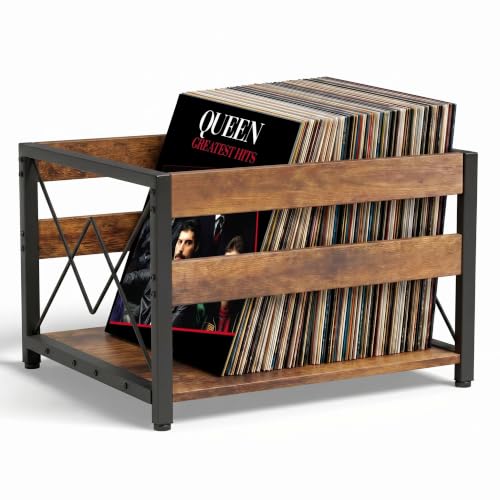 HFHOME Vinyl Record Storage Crate Wooden Storage Box Classic Cube CD Albums Shelf Holder Organizer Holds Up to 100+ Records Magazine Rack for Desktop Home Office