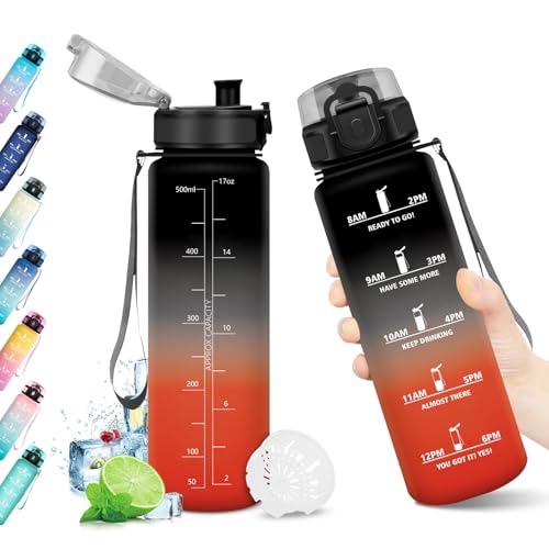 Borraccia 500ml, Bottiglia Riutilizzabile, Borraccia con Filtro, Borracce Motivazionale, senza BPA, A Prova di Perdite, Bottiglia con Marcatori Temporali per Bambini, Studenti, Ufficio, Sportive