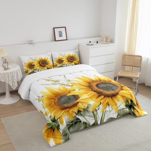 Image of Feelyou Sunflower Comforter Set Watercolor Botanical Branches Kids Comforter for Boys Girls Floral Print Bedding Set Nature Duvet Set Room Decor Quilt Queen Size Boys