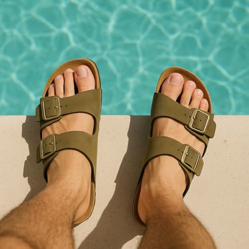 CUSHIONAIRE Lane Cork Footbed Mens Sandals, Adjustable Buckle Comfort Slides for Men, Genuine Leather Insole Summer Sandals Men Footwear2