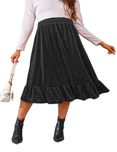 FUNJULY Maternity Velvet Skirt Women's High Waist Floral Print Velvet Maternity Skirts Ruffled Tiered Casual A Line Swing Boho Skirts for Women Black vlent XL