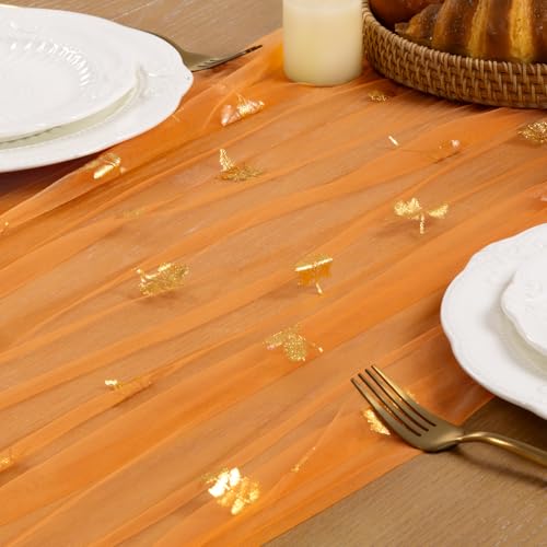 Image of Fall Maple Leaf Table Runner Orange Sheer Gauze Foil Table Runner, 6PC