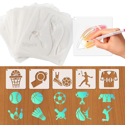 50 Stück Ball Schablonen zum Malen 3inch Malschablonen Schablonen Wandgestaltung Ball Malerei Schablone Wiederverwendbare Kunststoff Schablonen Schablonenschablone zum Thema Sport für DIY Zeichnen