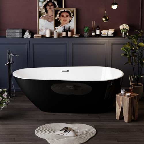 59 Inch Freestanding Bathtub, Acrylic Deep Soaking Tub, Chrome Overflow and Drain, Non-Slip Standalone Bath Tub for Bathroom, cUPC Certified, Ergonomic Modern Bath for Bathrooms