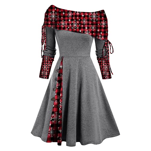 Celucke Weihnachtskleid Damen Langarm Rockabilly Kleid Sexy Schulterfrei Cocktailkleid Hohe Taille Elegant Partykleid Retro Kariertes A Linie Kleider...