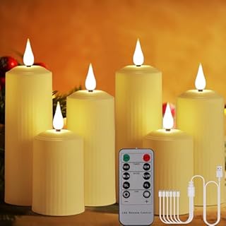 BOWKA Wodoszczelna świeca LED, do użytku na zewnątrz, do ponownego ładowania, pilot zdalnego sterowania i timer, migocząca, ciepła biel, możliwość ściemniania, możliwość ponownego kabel (6