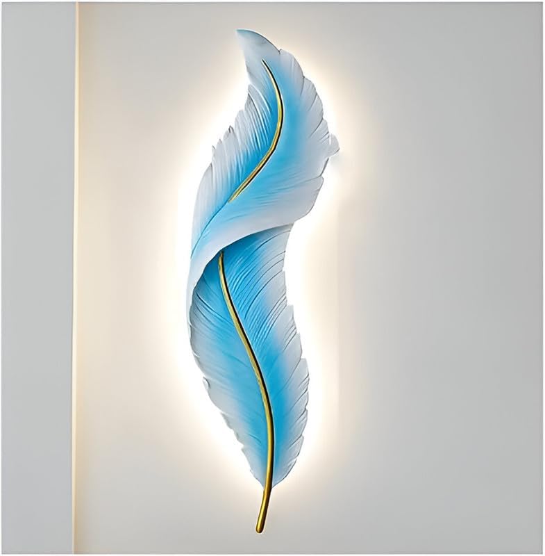 Image of Resin Antique Feather Wall Sconce|Snowy Quill Decorative Wall Light for Living Room, Hallway, Kitchen & Office-Warm White, Cool White, Natural White (Blue+Golden)