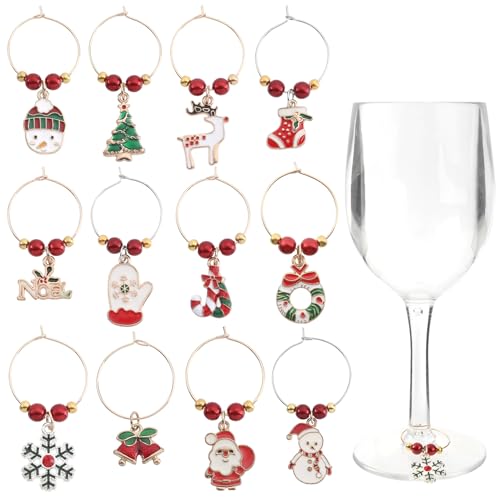Kzikbxh 12 Pcs Christmas Wine Glass Charms Set, Festive Stemware Markers with Holiday Designs for Party Favors, Glass Identification Tags for Christmas Gatherings and Stocking Stuffer Fillers