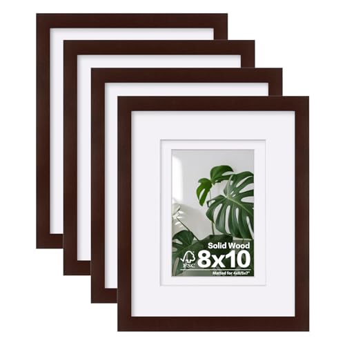 Egofine 8x10 Picture Frames Made of Solid Wood with Plexiglass, Display Pictures 4x6/5x7 with Mat or 8x10 Without Mat Set of 4 for Tabletop and Wall Mounting, Walnut Color