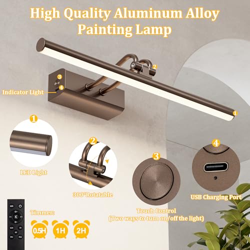 Image of Picture Lights for Wall, 13.8in, Brown, 4000mAh, Rechargeable Remote | Magnetic LED Art Display Light with 3 Color Temperatures for Gallery, Living Room, Bedroom, Hallway, Wireless