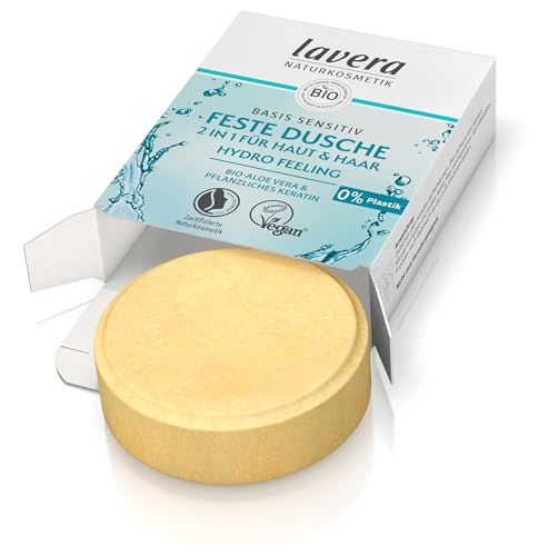 lavera Basis Sensitiv - Feste Dusche 2 in 1 für Haut & Haar - mit Bio Aloe Vera & pflanzlichem Keratin - reinigt ohne auszutrocknen - 3x ergiebiger als flüssiges Duschgel - 50g