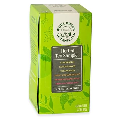 Worldwide Botanical Herbal Tea Sampler, 25 Tea Bags - Lemon Balm, Lemon Ginger Ashwagandha, Hibiscus Citrus Zest, Sweet Cinnamon & Rooibos Masala Chai Cover