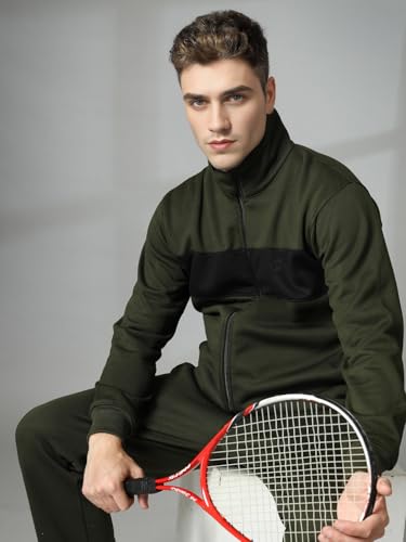 Image of CHKOKKO Mens High Neck Winter Tracksuit Full Zip Jacket with Elastic Waist Lower Warm and Soft Activewear Set for Gym Running and Casual Use Olive Black XL
