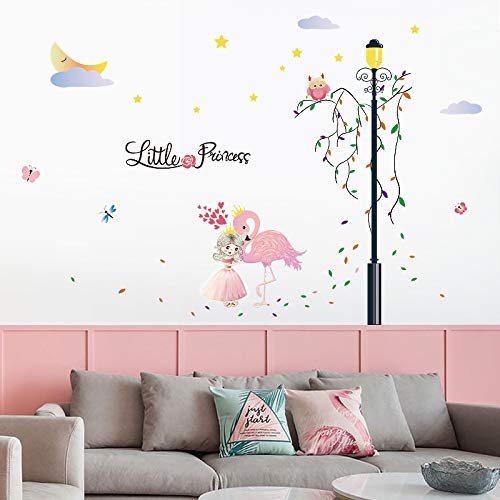 Image of Little Princess Hugging Flamingo Wall Stickers for Kids Room Bedroom Living Door Study Boho Decoration Sticker Baby Boy Girl Playroom Decor, Self-Adhesive, Wall, 90 Cm, 1 Cms