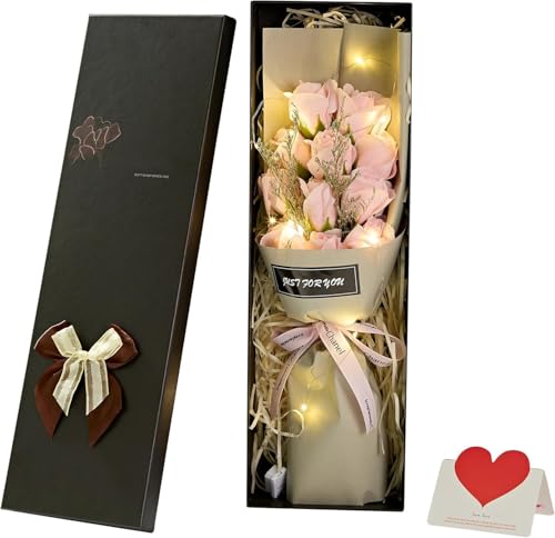 Eternal Rose Gift Box with LED Lights Preserved Artificial Flowers for Women Perfect for Birthday Valentine's Day Christmas Mother's Day Anniversary Holiday Gift for Her (Pink)