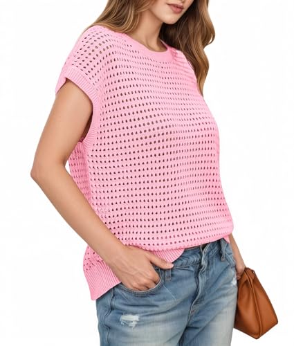 LCXWFE Womens Summer Crochet Sweaters Knit Cap Sleeve Shirts Casual Crewneck Top3