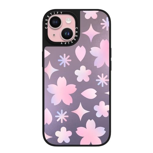 CASETiFY Magsafe �Ή��~���[ iPhone 15 �P�[�X [���ː� / 1.5m����̗����������N���A / Magsafe �ɑΉ�] - Shiny Sakura Pattern Purple - �u���b�N(�u���b�N�o���p�[)