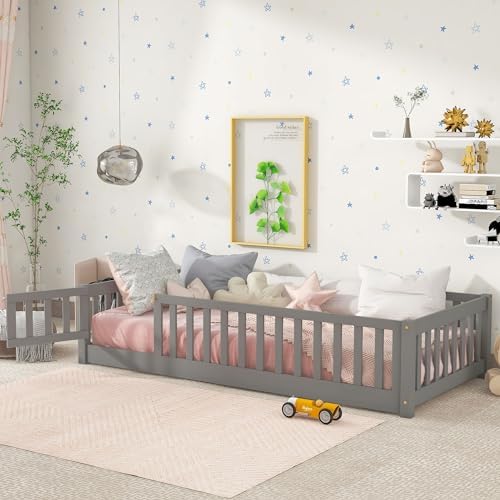 Twin Size Floor Bed Frame with Safety Fence and Door, Wood Montessori Floor Bed with Slat Support,Toddler Floor Bed Frame for Kids Girls Boys,No Box Spring Needed, Grey